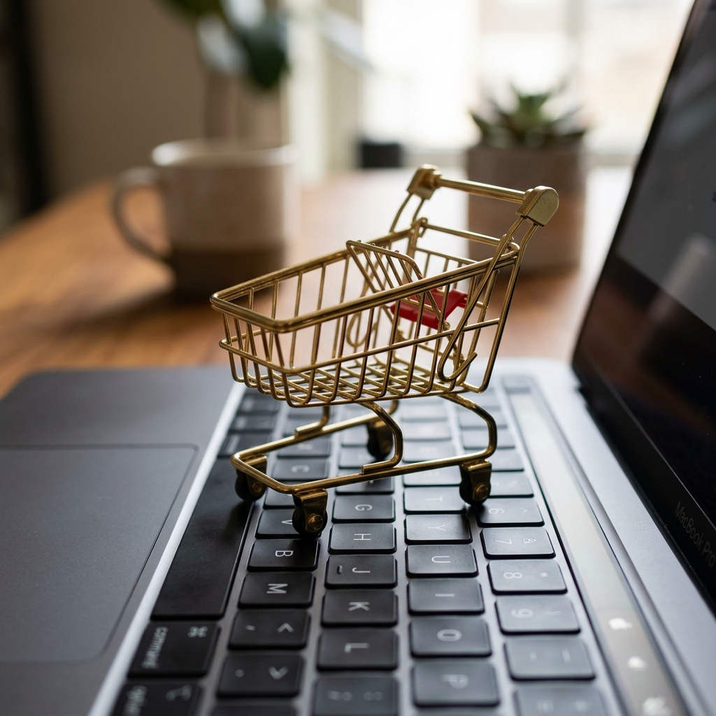 Mini shopping cart sitting on a keyboard