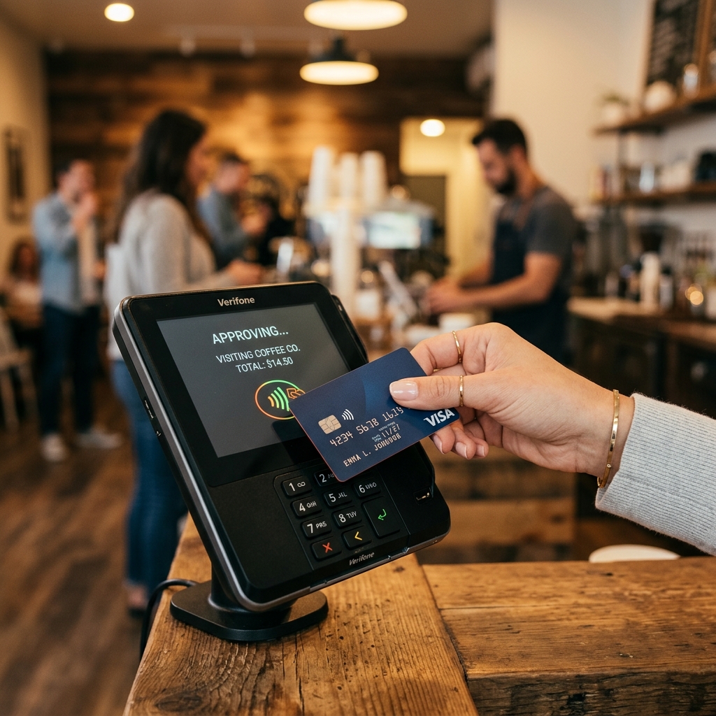 Credit card being tapped on merchant card reader