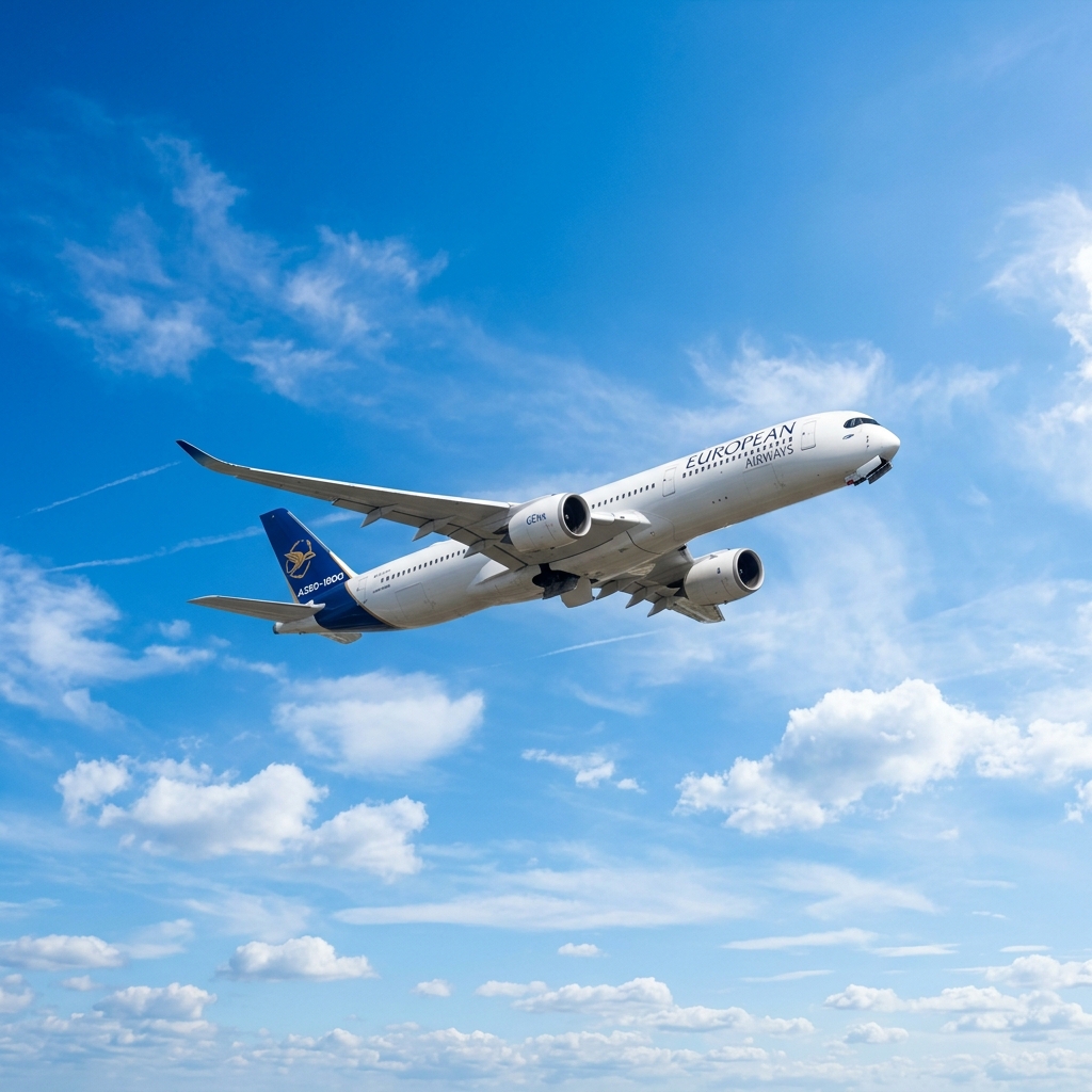 An airplane flying high in clear blue sky